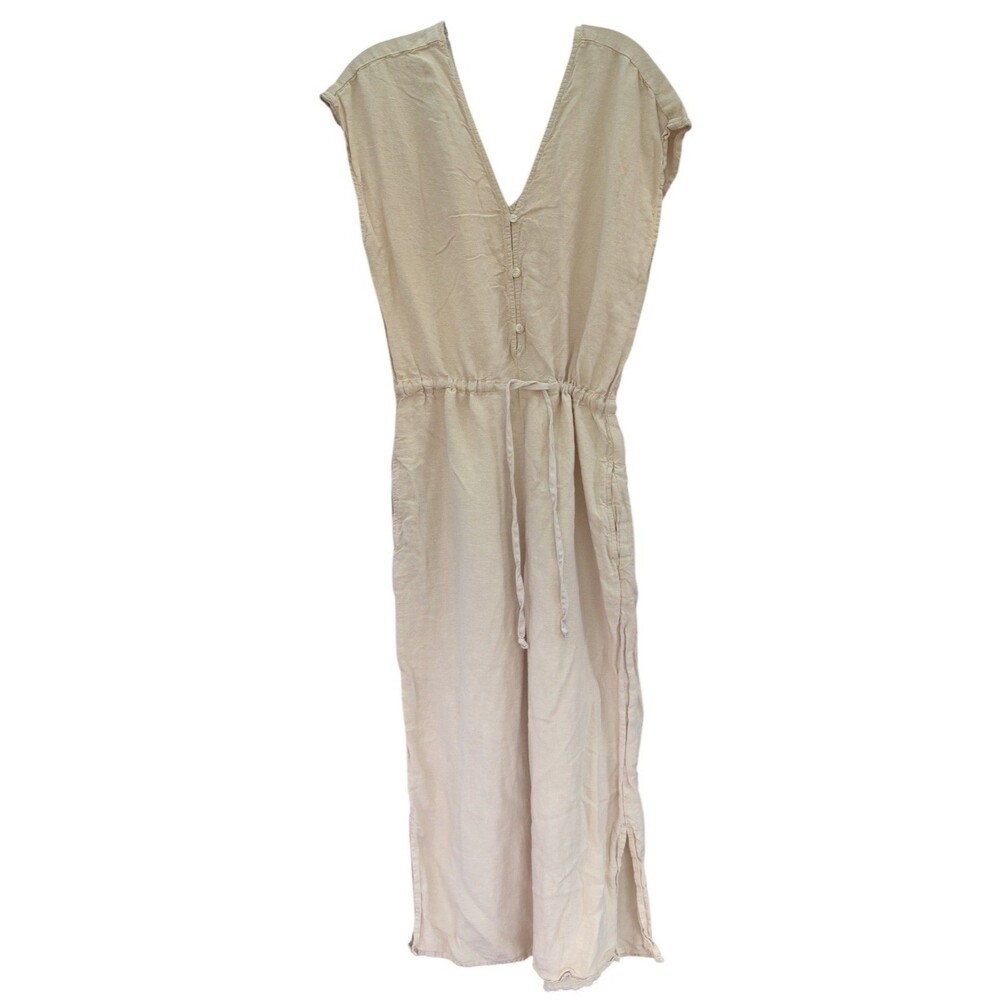 Cloth & Stone 100% Linen Beige Jumpsuit Size Small V Neck Drawstring Wide Leg